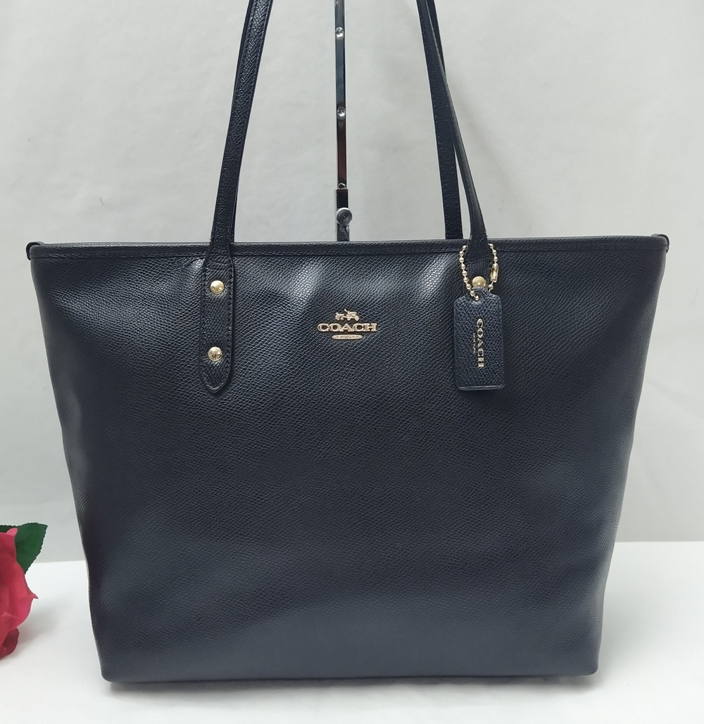 Coach Black Leather Double Handles Zipper Closure Tote Bag
